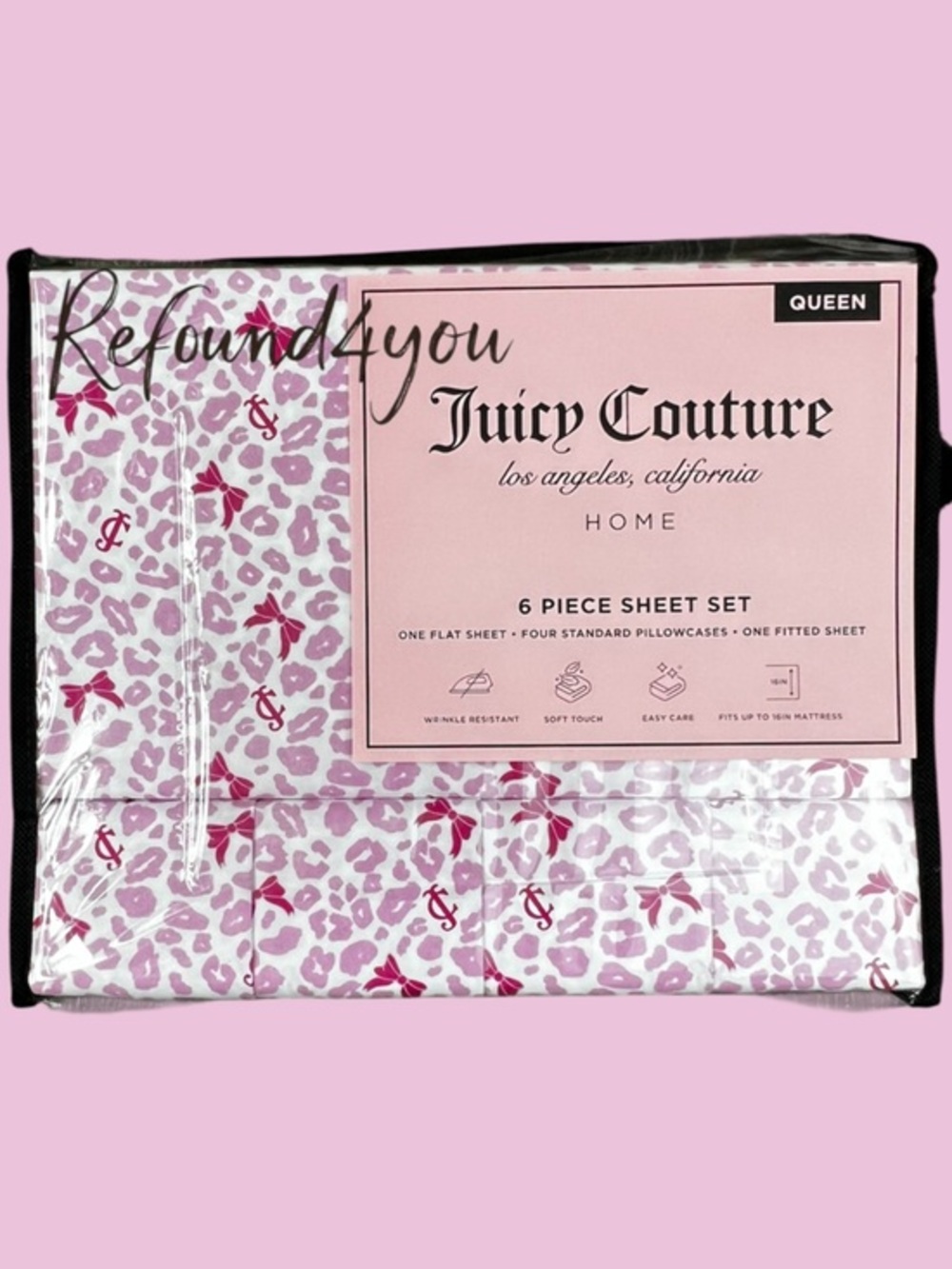 Juicy Couture - ‘Leopard & Bows - pink’ queen size sheet set. NWT. Firm!